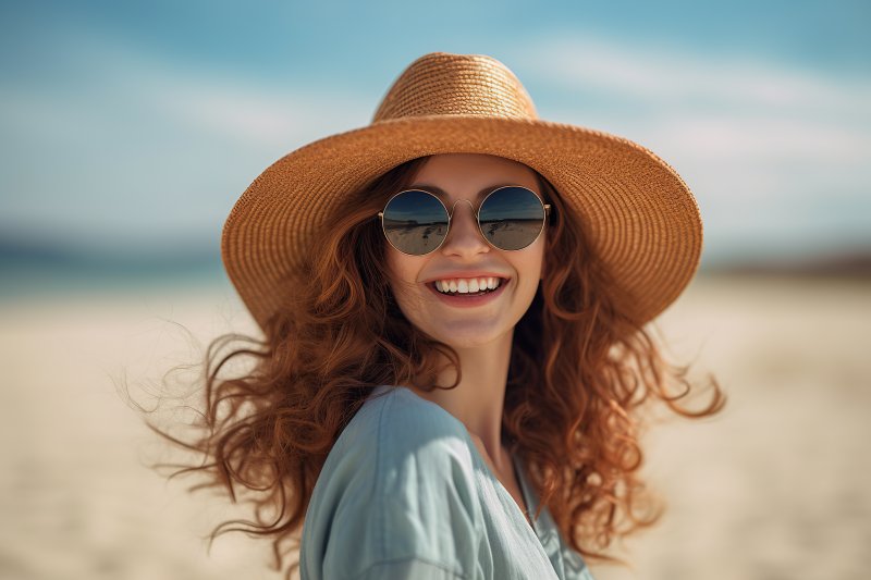 Woman with straw hat and sunglasses smiles in the sun.