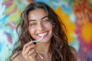 Young woman holding Invisalign clear aligner.